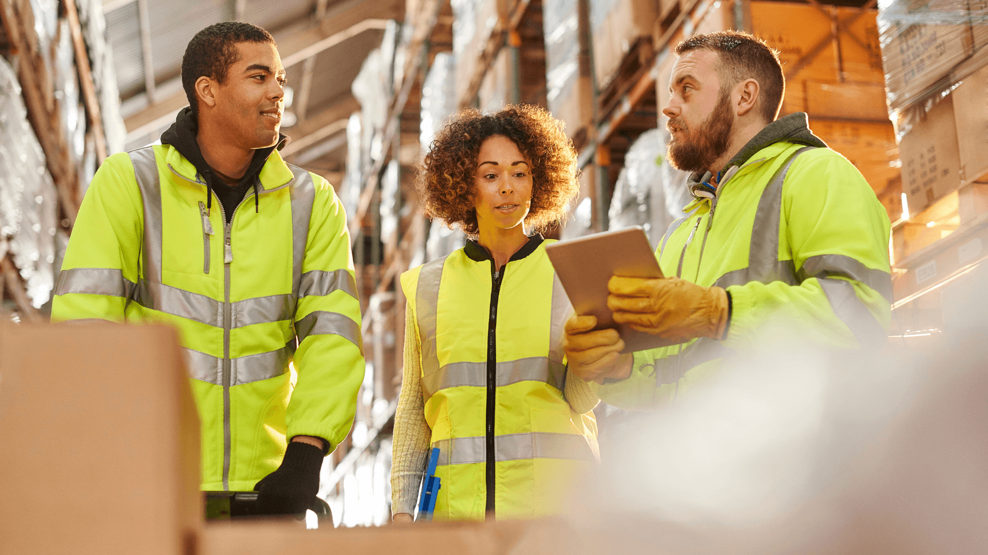 Warehouse team checking inventory on a tablet in a Parwaaz Logistics storage facility